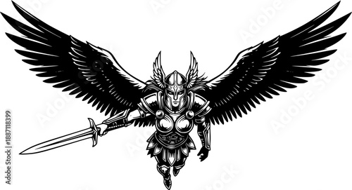 Valkyrie flying vector black silhouette print design
