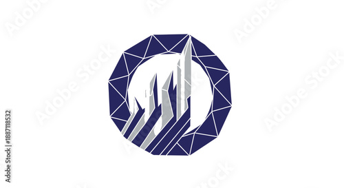 Architectural Abstract Emblem Featuring Geometric Design and Distinct Structures on White Canvas