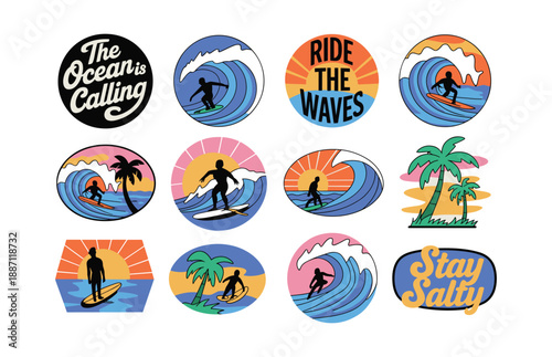 Surfing Themed Circular Badges With Palm Trees And Waves