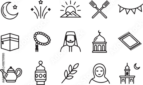 A diverse grid of black and white outline icons representing various Islamic and Ramadan cultural elements