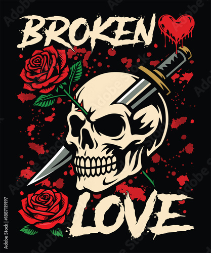 Heartbreak Skull with Knife and Red Roses Vector Illustration