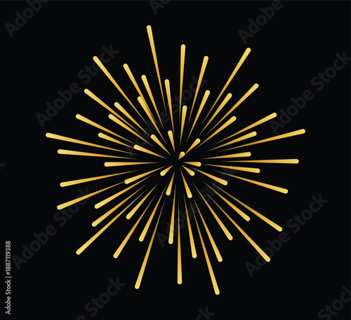 Gold fireworks burst isolated on black background for celebration and festive decoration