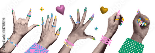 Halftone paper stickers of hands with chunky plastic jewelry and bright nails. Vivid maximalism collage element with colorful acrylic rings, bracelets. Set of y2k trendy female manicured palms. Vector