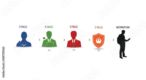 Business workflow process stages illustration with employee silhouettes and security shield with crown symbolizing success and protection in corporate development
