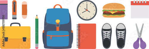 Back to School Essentials in Flat Design with Bright Colors on White Background for Education