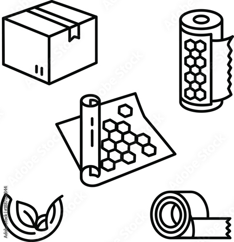 Collection of packaging and moving icons showing bubble wrap