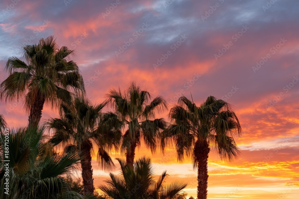 Fototapeta premium Vibrant palm trees silhouetted against sunset sky with colorful clouds