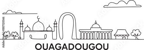 Ouagadougou skyline line art illustration featuring burkina faso capital city iconic monuments