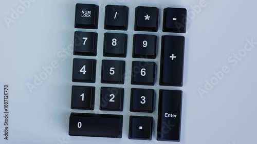 4K 3D Video Animation Numeric Keypad with Num Lock, Numbers and Enter Key, Computer Input and Calculator Concept on Light Gray Background
