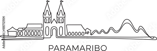 Paramaribo suriname skyline silhouette one line art design with historical church and hills