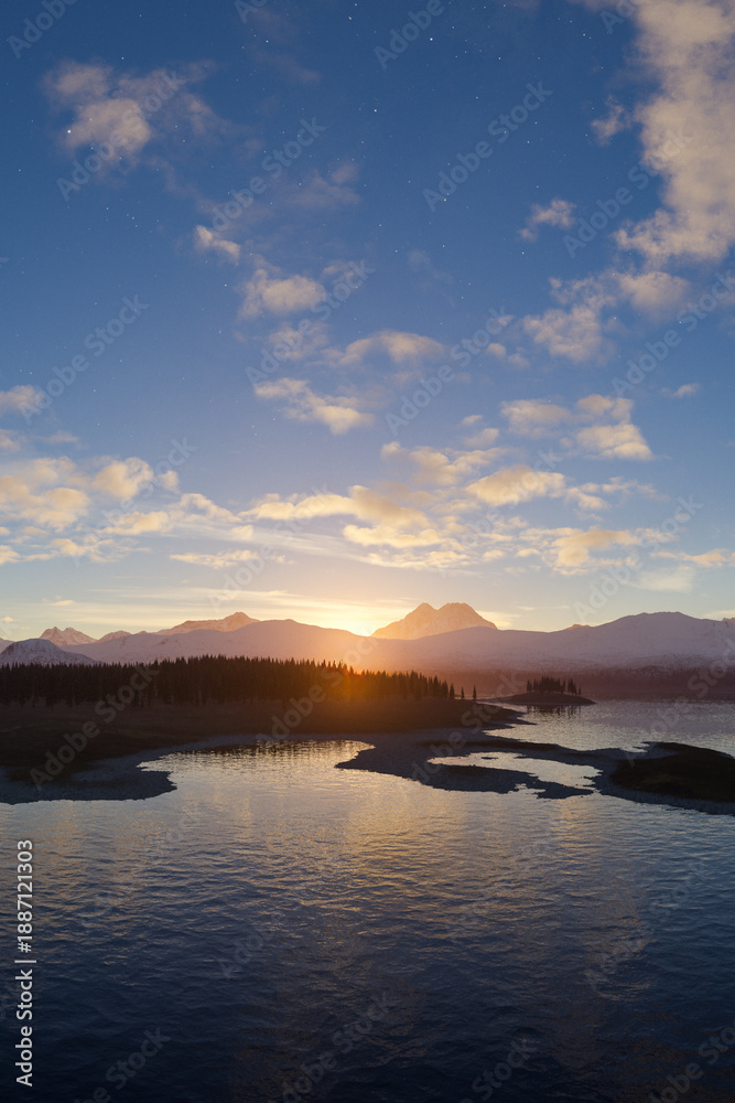 Obraz premium Sunrise Over Snowy Mountains With Island Forest Reflections On a Glassy Lake at Dawn, Serene