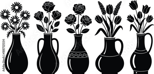 Flower vase silhouette set with daisy, rose, tulip, and lavender arrangements, vector artwork