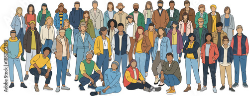 Large diverse group of people illustration showing multicultural community, inclusion, teamwork, and social diversity in modern flat vector style