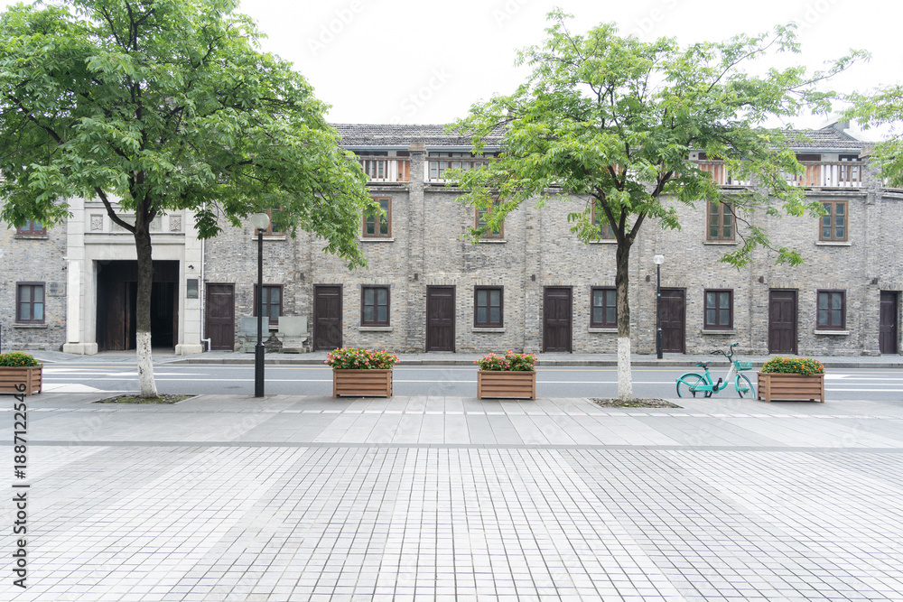 Obraz premium Shady trees on the street in front of old buildings