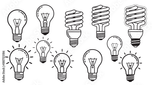 Collection of various light bulb types and energy saving designs isolated