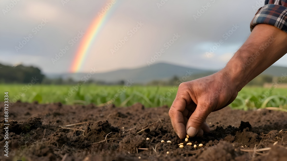 Fototapeta premium Farmer hand planting seed in soil shows starting fresh with determination plus effort for future success. Hopeful emotion fills morning farm scene under bright rainbow sky