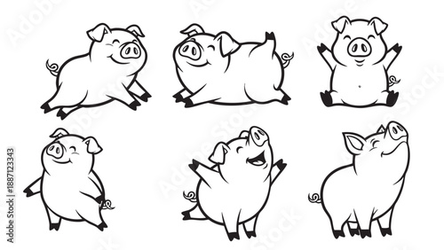 Cute cartoon pig performing various playful and happy activities