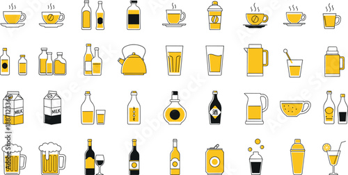 Yellow drink icon collection. Coffee, tea, juice, beer and cocktails. Cafe and bar beverage symbols. Clean flat vector illustration.