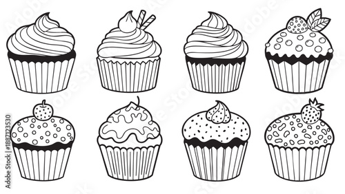 Eight different cartoon cupcakes with various frosting and toppings designs