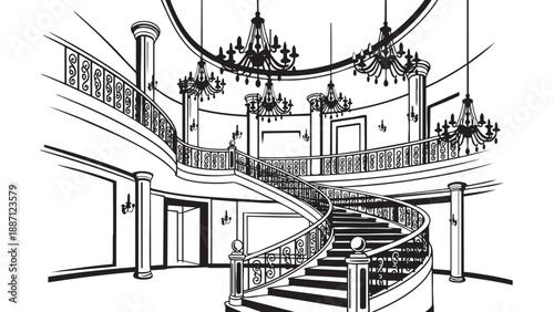 Elegant interior spiral staircase with ornate chandeliers and railings