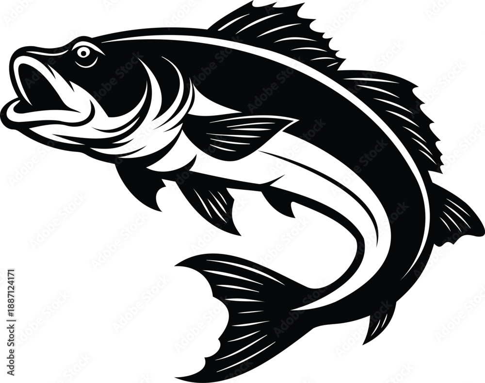 Obraz premium Bass fish silhouette, jumping bass vector, freshwater fish art, fishing icon, aquatic animal graphic