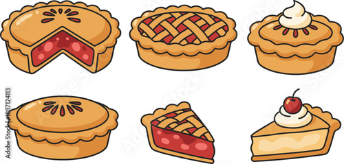 Hand-Drawn Pie and Tart Desserts Illustration Set Featuring Fruit and Cream Fillings