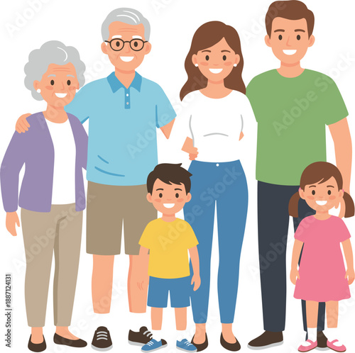Happy Multigenerational Family Illustration Featuring Grandparents, Parents and Children Together