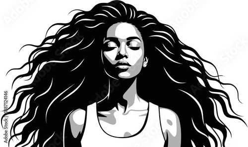 Serene African American woman with eyes closed and curly hair: Design for wellness apps, skincare branding, and social media avatars. Transparent background EPS version.