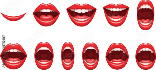 Cartoon mouth expressions set. Red lips with talking, smiling, and shouting emotions. Editable vector illustration for animation, comics, stickers, and character design projects.