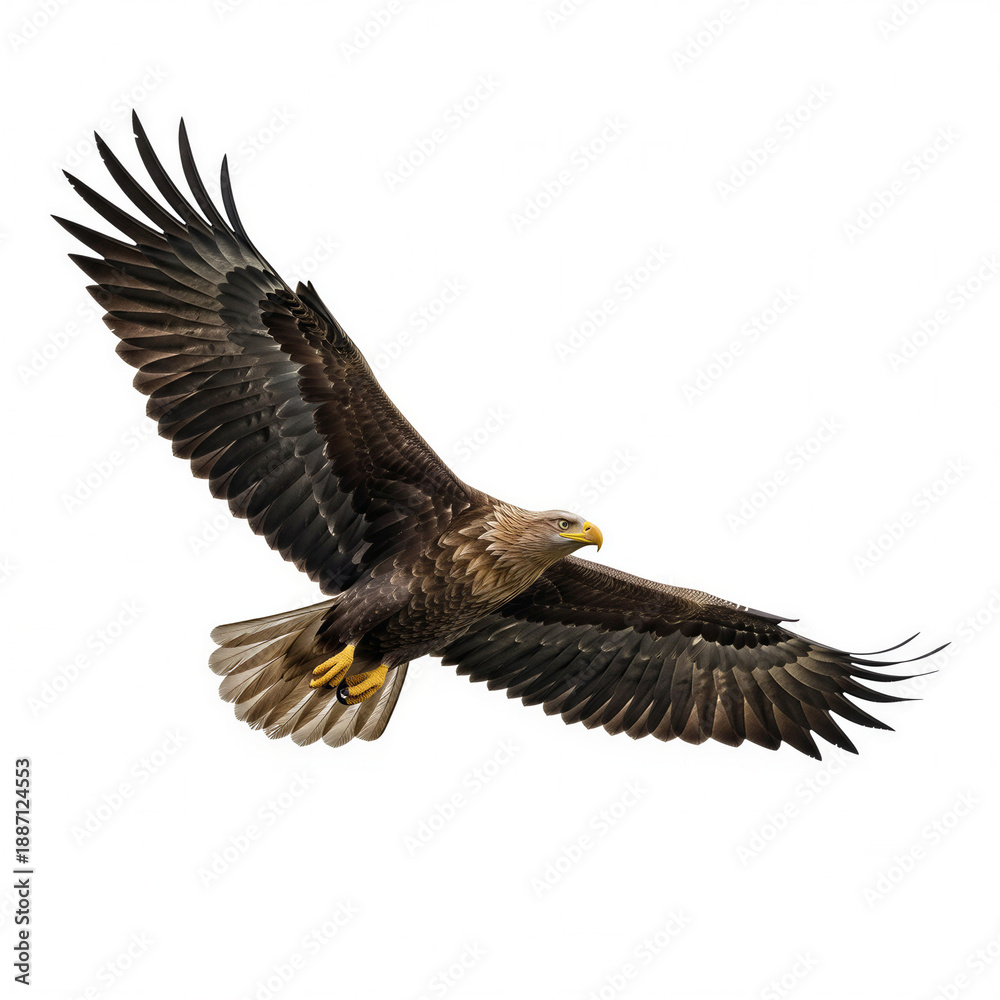 Fototapeta premium Eagle soaring in flight with outstretched wings on white background 