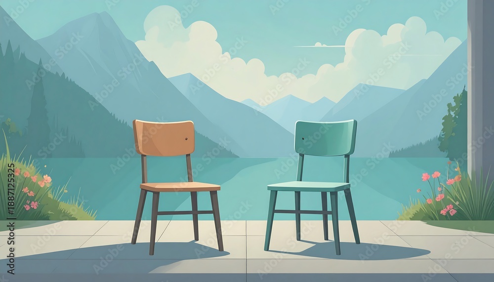 Naklejka premium Two empty chairs on a serene patio overlooking a tranquil mountain lake landscape.