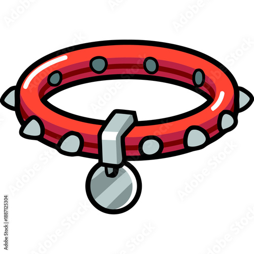 A red tambourine with metal jingles and studs is depicted in a simple, cartoon-style illustration.