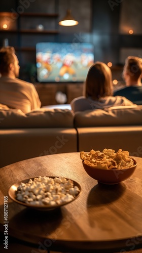 Friends watching a sports game on television in a cozy living room with snacks on a coffee table in warm evening light. Image represents home entertainment, social bonding, leisure time