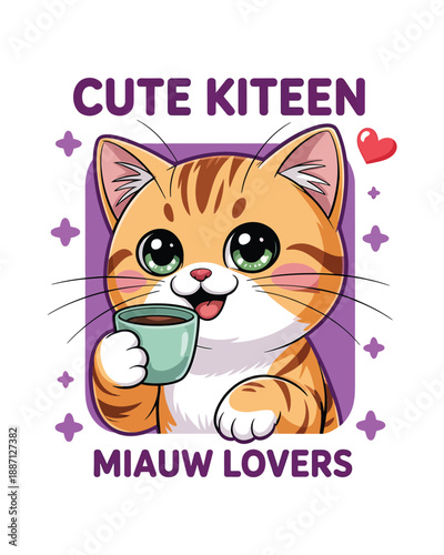 Cute Kitten Miaow Lovers Orange Cat with Coffee Cup Illustration