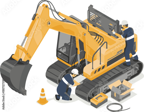 Construction workers inspecting and maintaining a large yellow excavator on a construction site with various tools and equipment around