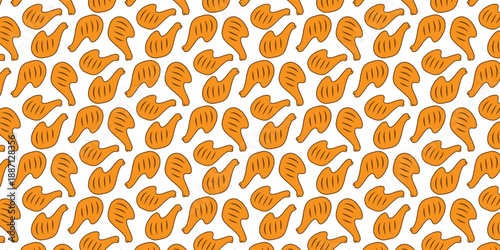 Seamless vector pattern featuring playful cartoon illustrations of golden-brown fried chicken drumsticks and pieces, ideal for food-related designs, restaurant menus, or kitchen decor