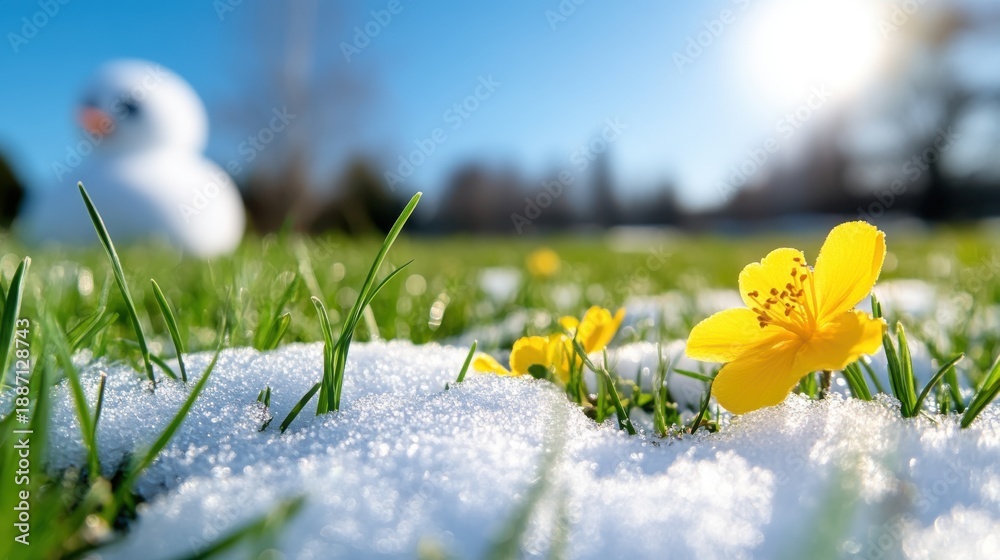 Naklejka premium Snowman bids farewell as spring flowers bloom through melting snow