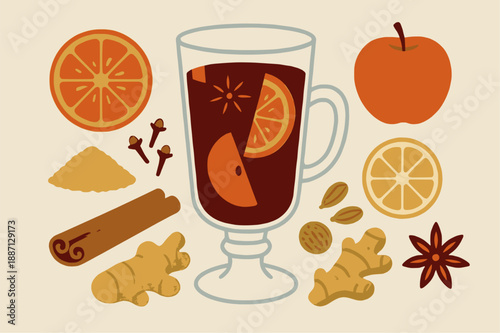 Mulled wine ingredients like oranges, apples, cinnamon, star anise, and ginger, evoking holiday cheer and warmth