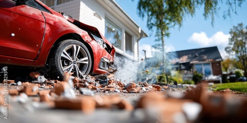 Car collides with house causing chaos and damage in suburban neighborhood