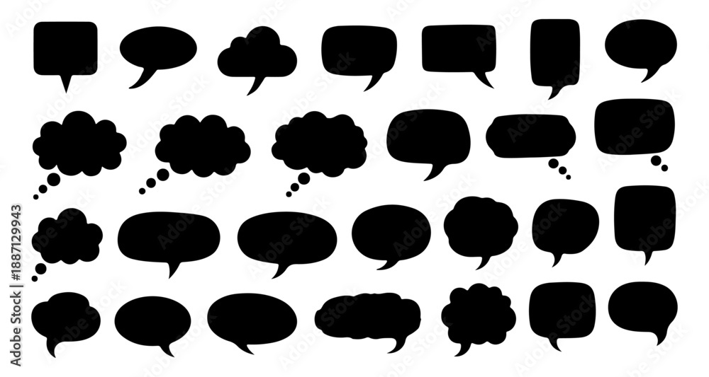 Naklejka premium Black speech bubble silhouettes set, comic chat and thought bubbles collection isolated on white background, dialog icons for communication, message, social media design