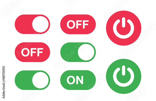 On off switch button icons set, red and green toggle controls with power symbols for user interface settings mobile app dashboard and modern web design use.
