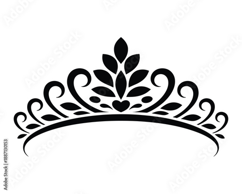 Ornamental tiara crown silhouette illustration, elegant royal headpiece design with floral decorative elements for beauty branding, wedding graphics, luxury fashion and feminine logo use.