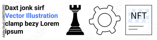 Gaming strategies, blockchain, digital innovation, NFT technology, engineering processes, creative design. Chess rook, gearwheel and NFT document illustration. Blockchain and gaming strategies theme