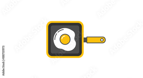 Breakfast Concept Illustration: Bright Fried Egg in Modern Square Pan, Minimalist Design