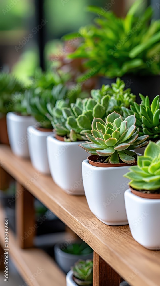 Fototapeta premium Colorful succulents thrive in harmony on elegant wooden stands