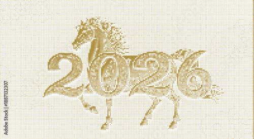 Creative horse shape combined with 2026 text for chinese lunar new year celebration digital art illustration using pixelated pointillism effect for creative calendar designs and banners
