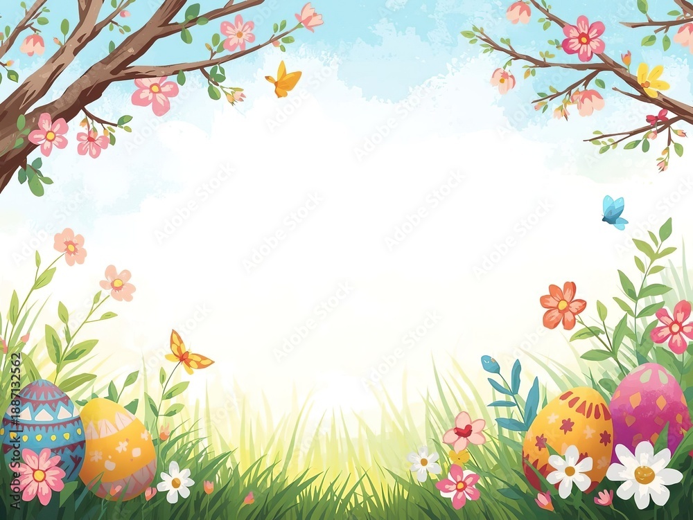 Fototapeta premium Playful hand-drawn spring 2026 border with flowering tree branches, colorful decorated Easter eggs in grass and flying butterflies. Vibrant illustration frame perfect for kids greetings and invitation