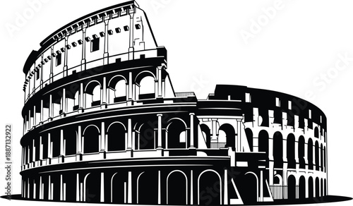 Roman Colosseum Landmark Silhouette Illustration Ancient Rome Historic Architecture Famous Travel Monument Vector Black White Design