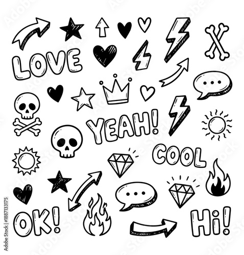 Playful Hand-Drawn Doodle Grid, doodles, hand-drawn, sketch, black and white, stickers, icons, fun symbols, hearts, stars, arrows, crowns, skulls, speech bubbles, playful art, tattoo design, 