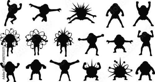 A simple vector illustration showing a collection of black silhouettes of people and animals in a clean cartoon style